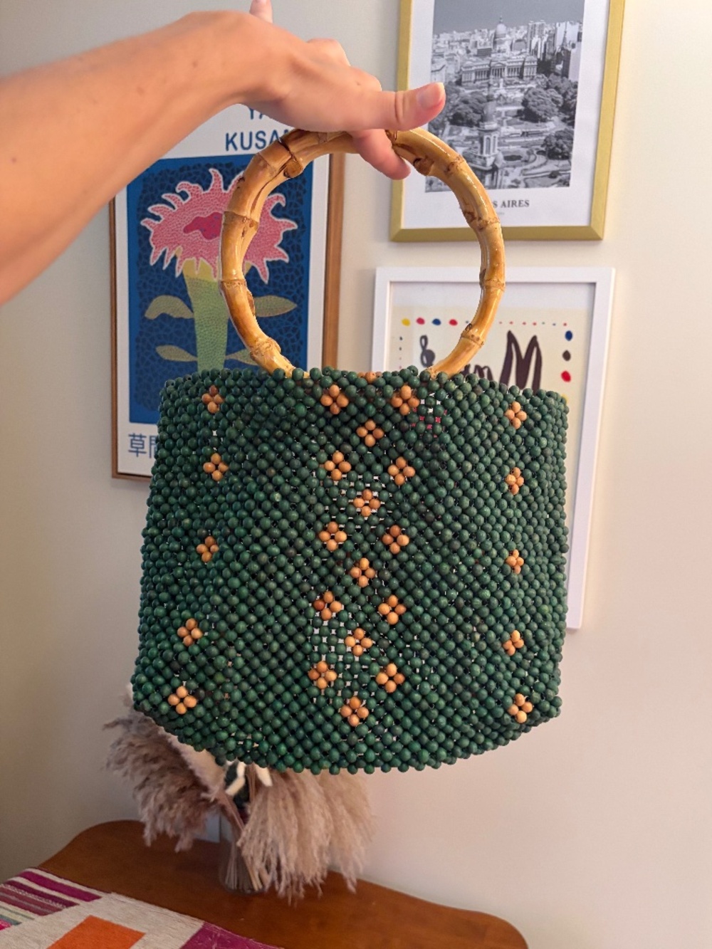 & Other Stories Green Wooden Beaded Purse with Bamboo Handles